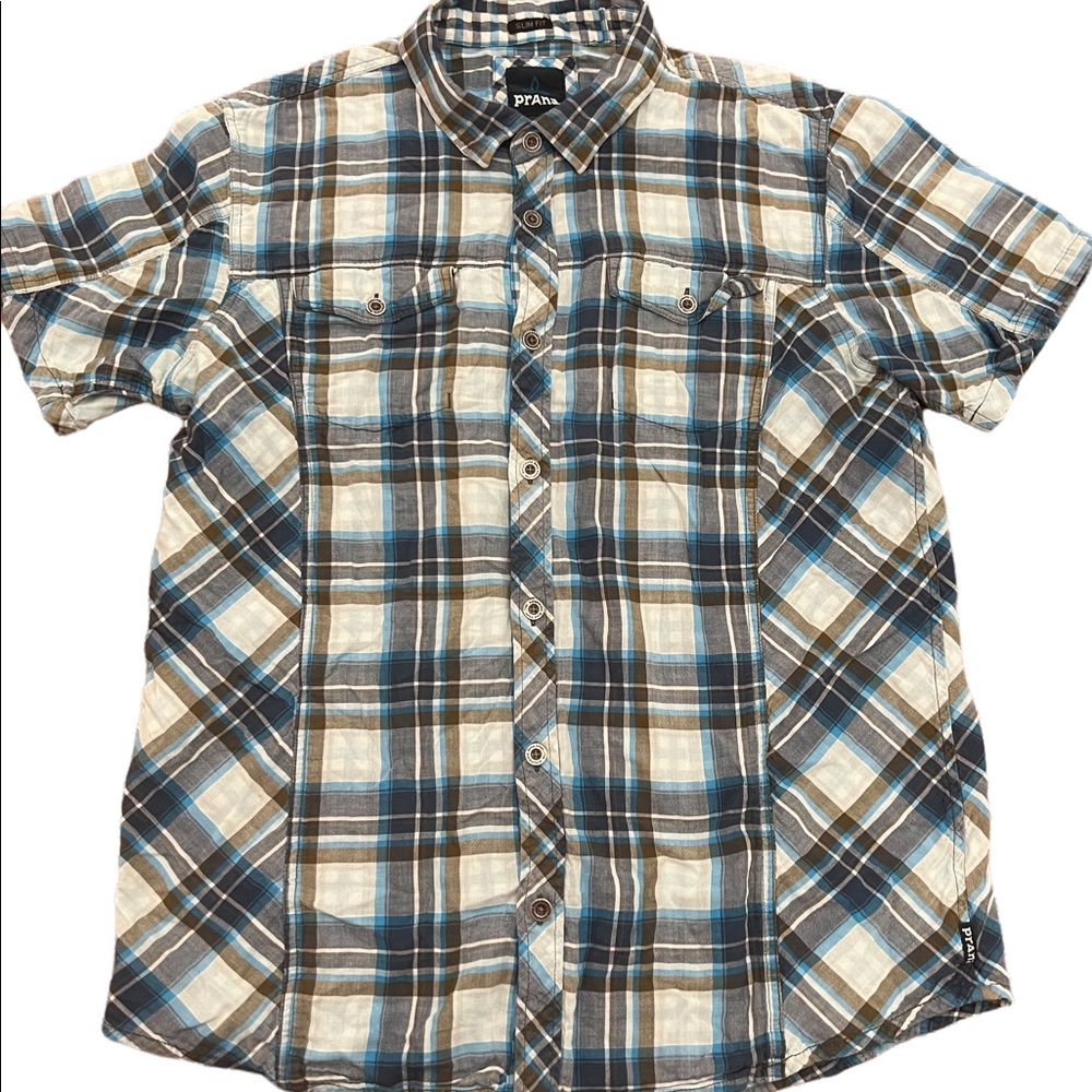 prAna Men’s Short Sleeve Plaid Button Shirt Hiking Outdoors Size XL Slim